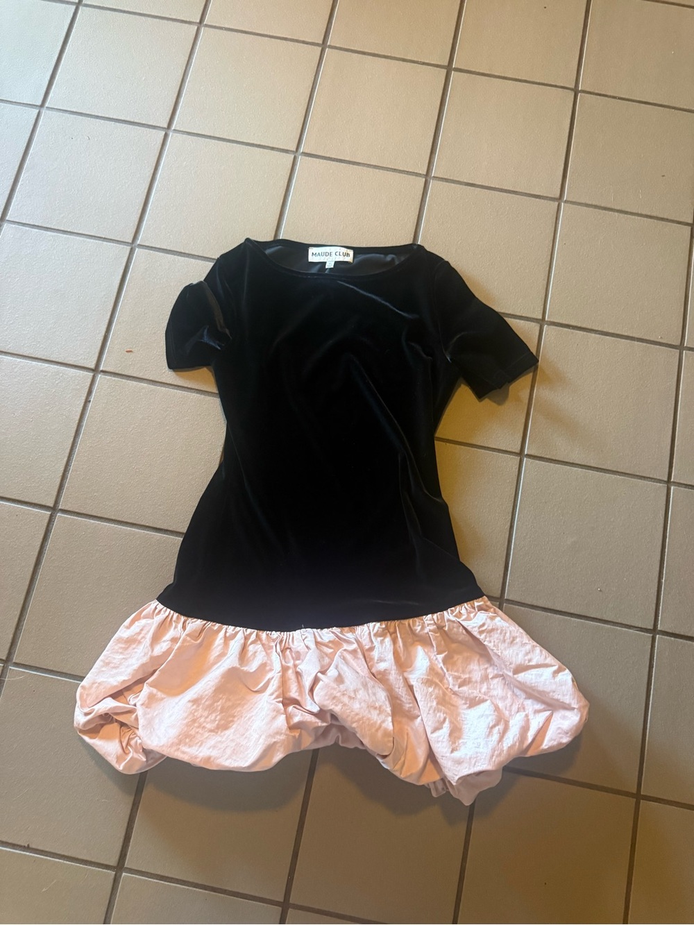 Maude Black Velvet Mini Dress with Light Pink Ruffle Hem